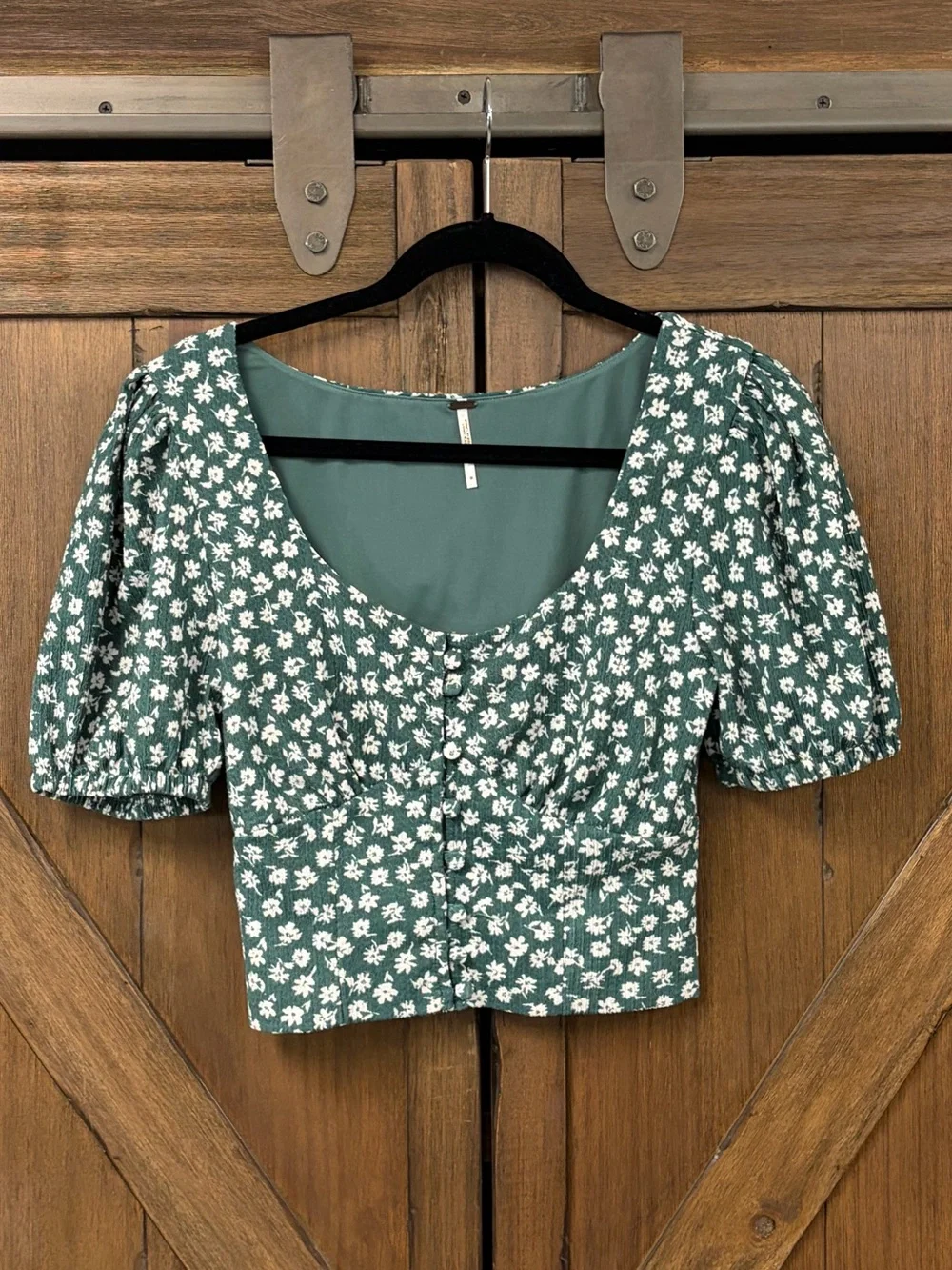 Free‎ People Cottagecore Boho Daisy Chain Puff Sleeve Crop Top Green/Teal Size M